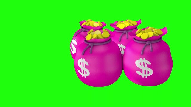 Four pink money bags filled with gold coins sit against a solid green screen while the camera slowly moves from left to right revealing the financial objects in sequence. Wealth concept. 3D animation.