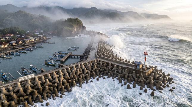 Massive concrete wave breakers protecting Indonesian fishing harbor during rough seas banner