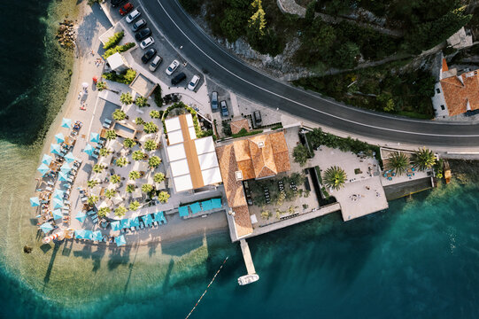 Aerial view of Adriatica Restaurant and beach, Kamenari, Montenegro