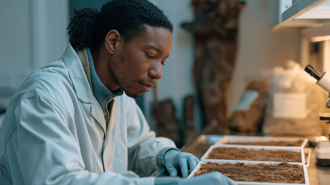 Forensic botanist examining root system samples under sterile lab lighting, specimen trays arranged on stainless examination surface, magnification tools ready, soil evidence bags