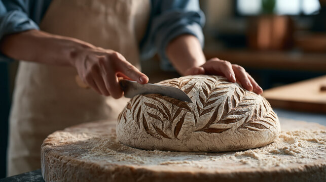 A baker in flour dusted apron scoring elaborate wheat stalk pattern into proofed sourdough boule with lame blade before loading onto oven stone, artisan bread craft and bakery