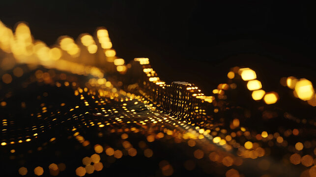 Golden abstract digital data flow with bokeh lights and