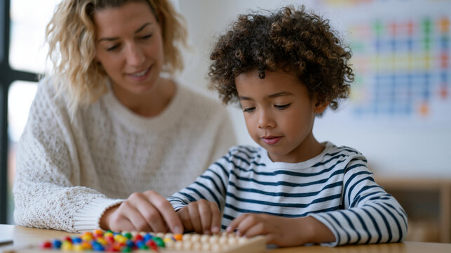 Pediatric occupational therapist guiding curly-haired boy through fine motor bead threading exercise on therapy table, bright sensory-friendly clinic, visual schedule board on