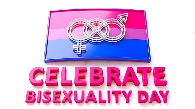 Celebrate Bisexuality Day 3D typography banner featuring interlocking gender symbols over a glossy pink, purple, and blue bisexual pride flag icon on a clean white background.