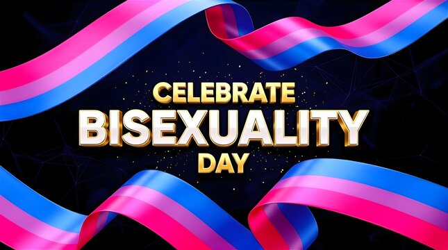 Celebrate Bisexuality Day luxury 3D golden typography banner with flowing pink, purple, and blue bisexual pride ribbons, decorated with gold dust over a dark geometric background.