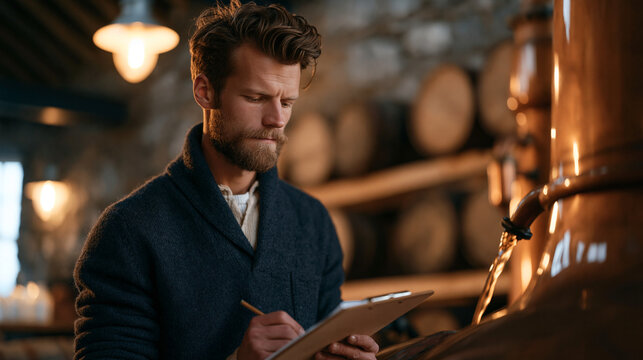 A Scottish whisky distillery apprentice examines spirit flow from a copper pot still, taking notes on a clipboard in a stone barrel warehouse with low warm lighting, heritage