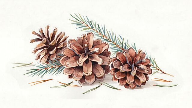 Watercolor painting of brown pine cones and green fir tree needles isolated on a transparent background