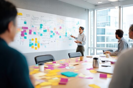 Asian man manager presenting strategy to team in meeting room using sticky note on whiteboard. Collaborative office brainstorming session with diverse colleagues. Professional business project.