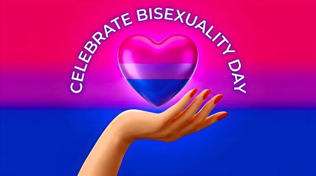Celebrate Bisexuality Day typography banner with a human hand holding a glossy heart in pink, purple, and blue bisexual pride flag colors against a matching gradient background canvas.