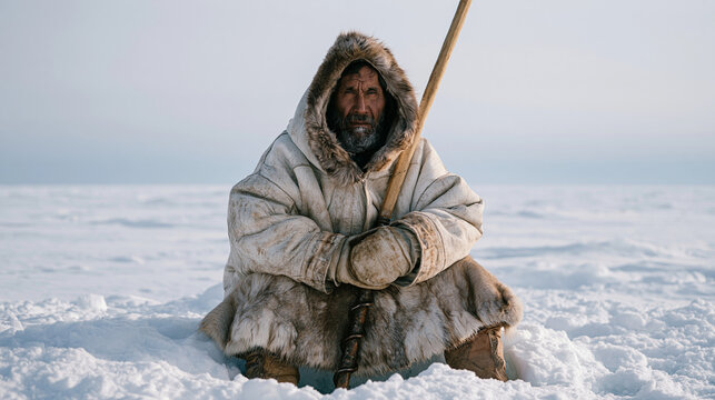 An Inuit ice fishing guide drills through thick lake ice in a remote winter landscape, overcast sky merging with the flat white horizon, traditional northern livelihood, Arctic