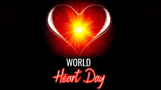 World Heart Day typography banner featuring a brilliant glowing red heart with a vibrant yellow sunburst lens flare center, isolated on a solid black backdrop background canvas.