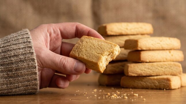 Person holding butter shortbread cookie in front of stack of biscuits with shortbread homemade delicious snacking breakfast background snacktime enjoyment snackfood biscuitstack
