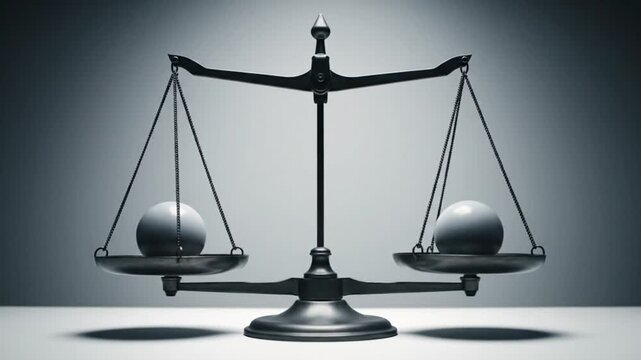 Justice scales balancing two spheres in dramatic lighting. Classic legal symbol for fairness, law, and courtroom decision-making.
