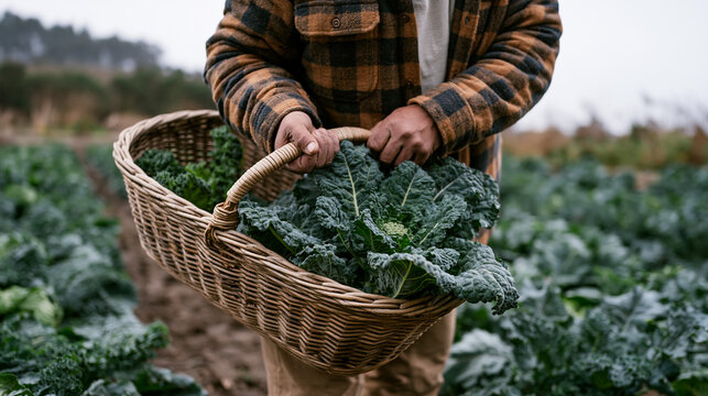 Organic market gardener harvesting late autumn kale under low angle overcast sky, muddy raised beds extending behind, harvest basket balanced on hip, small family farm setting,