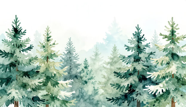 Light misty aquamarine green and white gradient watercolor illustration of textured coniferous fir forest. Evergreen watercolour pine trees landscape print for winter Christmas design, poster, card