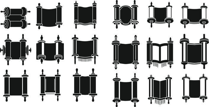 Large collection of ancient scroll silhouettes featuring traditional Torah paper manuscripts and vintage parchment rolls isolated on white background for religious history and literature design