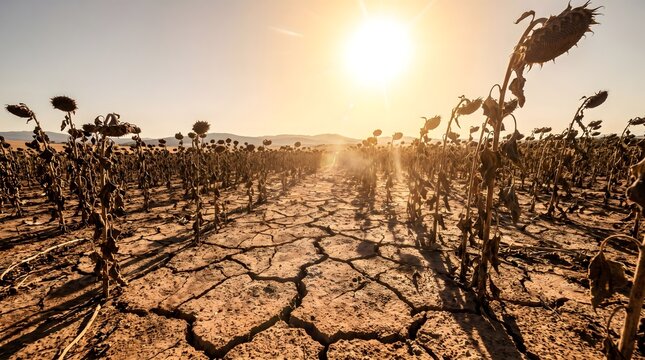 Withered Sunflower Field Under Extreme Summer Drought Conditions