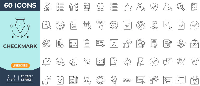 Checkmark icon set in line style. Editable stroke. Vector illustration.