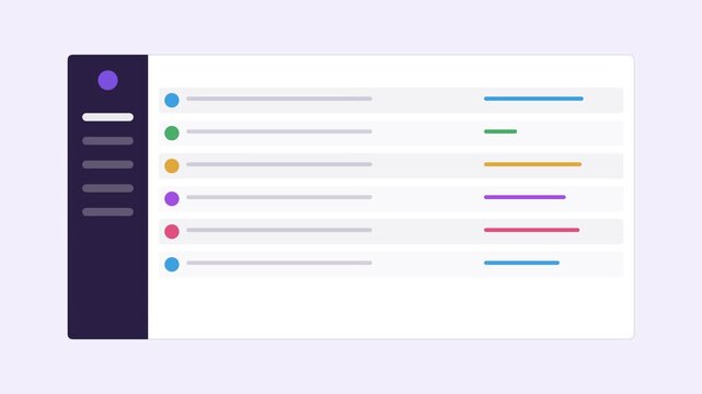 analytics dashboard with a dark sidebar and an animated data table, violet color scheme