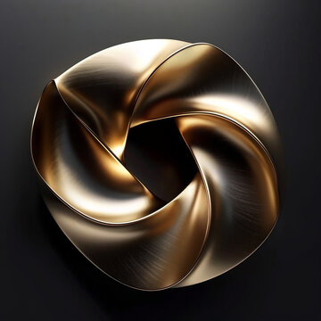 Golden abstract metallic twisted torus shape with brushed finish 3D rendered