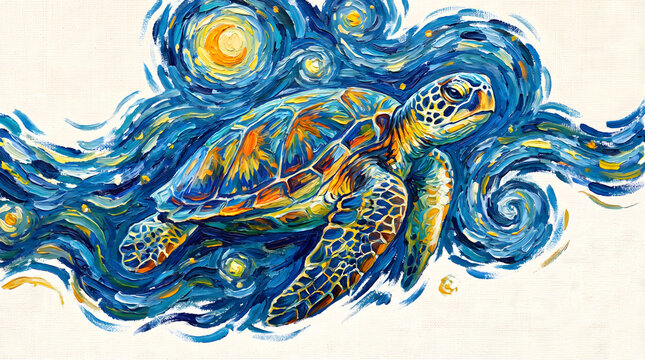 Sea turtle swimming through blue swirling waves in a starry night inspired artistic style