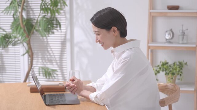 テレワーク　オンライン　女性　パソコン　打ち合わせ