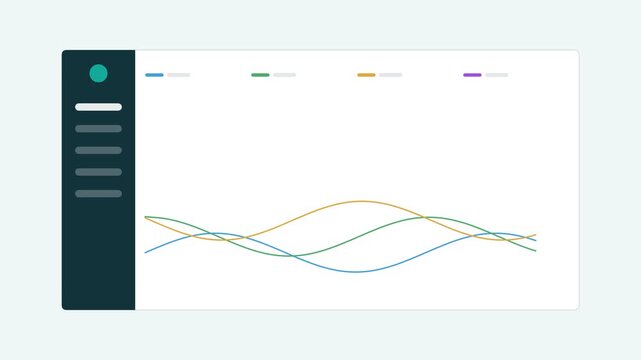 analytics dashboard with a dark sidebar and multiple line charts, teal color scheme