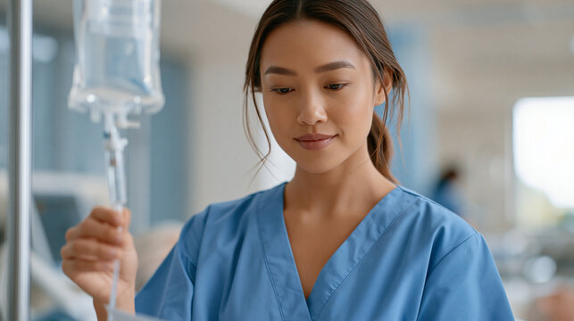 Young Filipino nurse checking infusion drip rate for elderly patient in busy hospital ward while reviewing medication chart, healthcare delivery and nursing profession in active