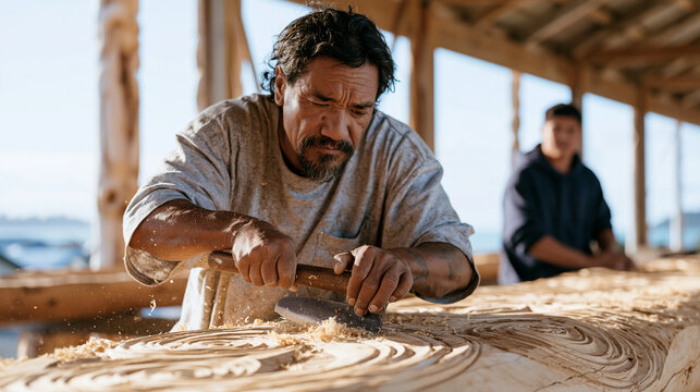 Maori woodcarver chiseling traditional koru pattern into large kauri beam inside open workshop, wood shavings curling from adze blade, apprentice observing nearby, indigenous