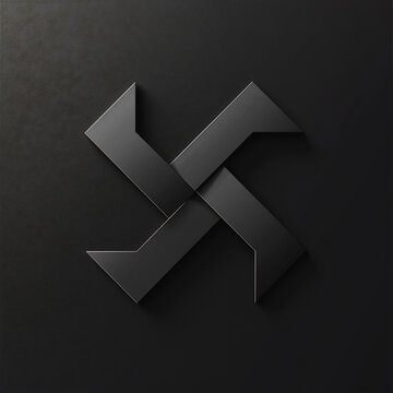 Black abstract geometric shapes forming a stylized cross on textured background 3D style