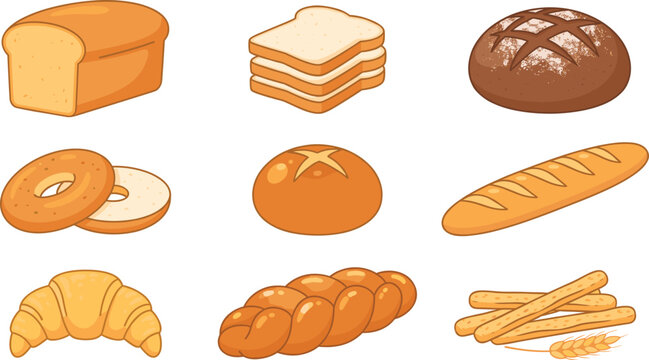 Assorted fresh bakery bread vector illustration set featuring white loaf sliced bread baguette croissant challah bagel and bun isolated on white background