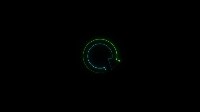 Neon glowing circular refresh arrow animation on black background, reload