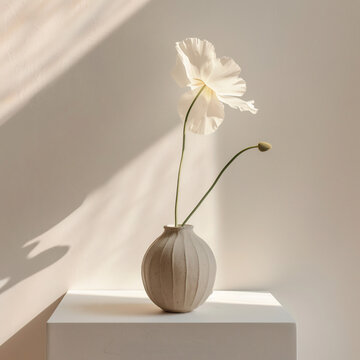 Ceramic vase with white poppy flower and bud on a minimalist shelf