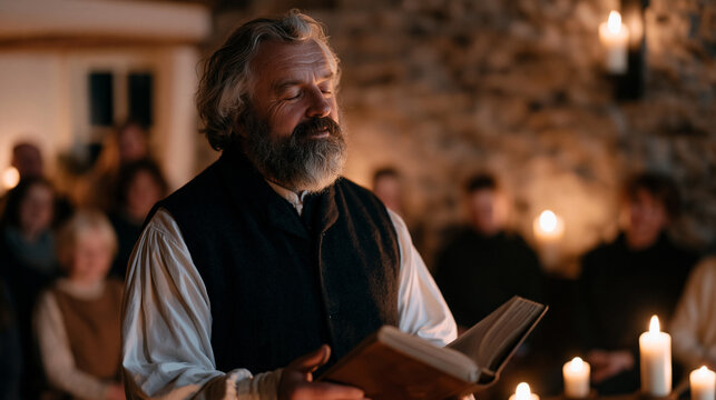 An Irish storyteller performs by firelight to a small community gathered in a stone cottage interior, candlelit faces, shadow and warmth, oral tradition preservation, folk culture