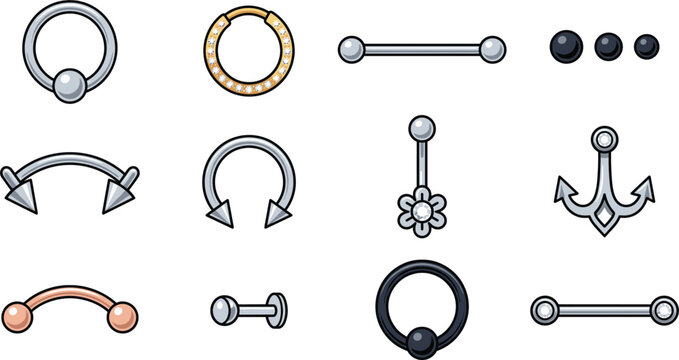 Body Piercing Jewelry Vector Set Featuring Various Studs Rings Barbells Horseshoes Dermal Anchors and Labrets for Tattoo Shop and Fashion Accessories Designs