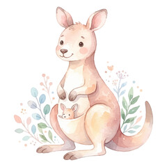 Watercolor Cute Kangaroo with Joey, Hand Painted Wildlife Illustration for World Animal Day Isolated on White Background  © tripsy