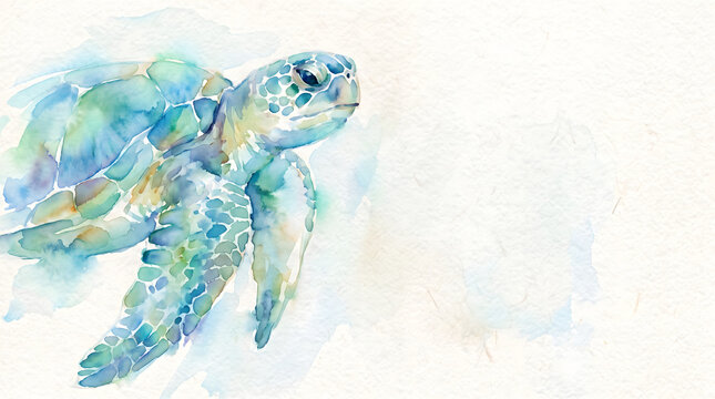 Watercolor style sea turtle swimming with graceful motion and vibrant blue green hues