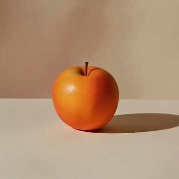 Fresh orange apple fruit with brown stem on a surface