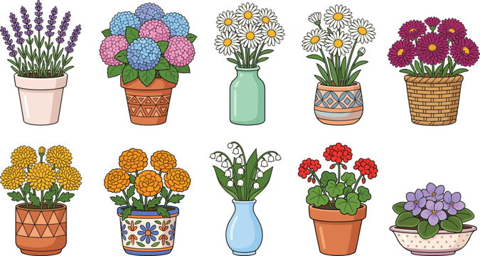Beautiful Potted Flowers Vector Collection Featuring Lavender Hydrangea Daisy Lily of the Valley and Geranium in Ceramic Vases for Home Decor and Gardening Designs