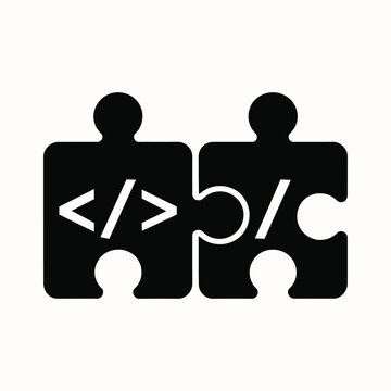 Puzzle pieces coding icon with program brackets for software integration and development teamwork.