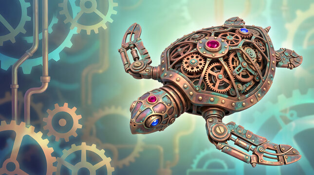 Steampunk mechanical turtle with intricate gear mechanisms and gemstone accents