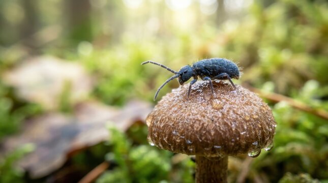 Realistic Springtail Insect Standing On Wild Mushroom Surface With Soft Woodland Background And Creamy Bokeh