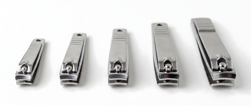 Five metal nail clippers arranged by size on a clean white background