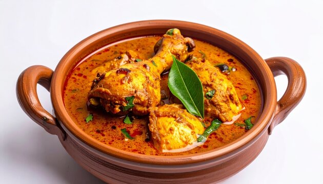 Spicy chicken masala gravy garnished with fresh curry leaves in an earthen pot side view