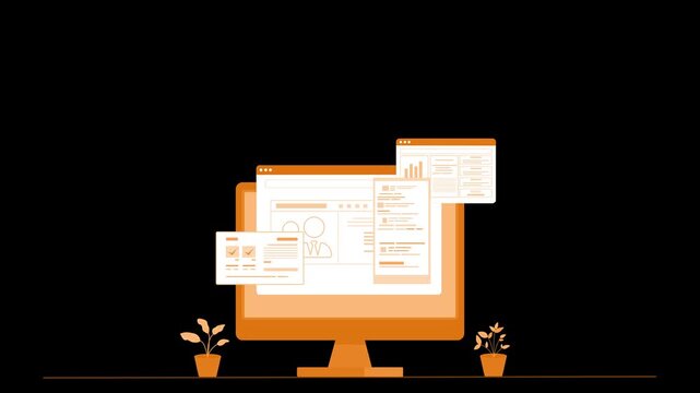 Flat modern animation of a desktop computer with multiple floating app windows and two small potted plants