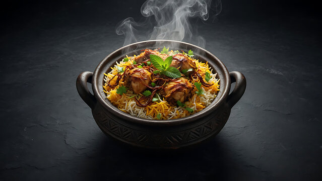 Delicious steaming chicken biryani served in a traditional black pot.