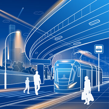 Modern urban tram at a city station beneath an elevated highway with illuminated skyscrapers and passengers. Blue outline vector illustration of sustainable public transportation and smart city infras