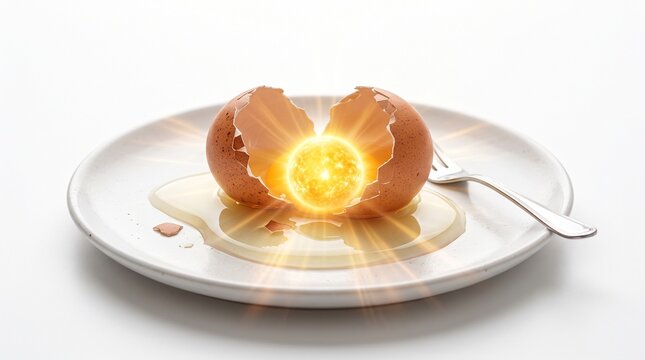 Glowing sun inside a cracked eggshell on a white plate, metaphorical energy and life concept, bright golden light bursting from a brown egg isolated PNG with Transparent Background