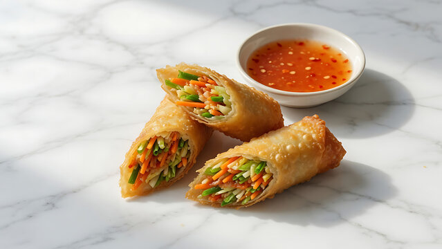 Golden brown crispy vegetables spring rolls served with a dipping sauce on a marble background.
