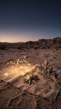 Brass sun ornament with dried lavender bundle and glowing lights on burlap cloth in desert at starry dusk, celestial still life with calm mystical mood.